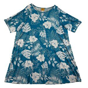 Ruby Rd. Woman 2X Blue/teal & White Tropical Floral Stretchy Pullover Midi Dress